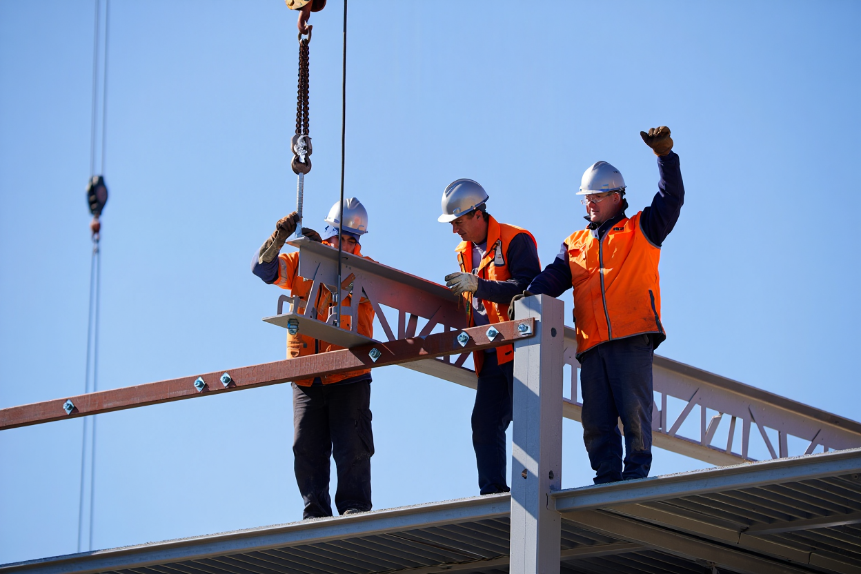 Çelik çerçeve montajı yapan işçiler yüksek platformda