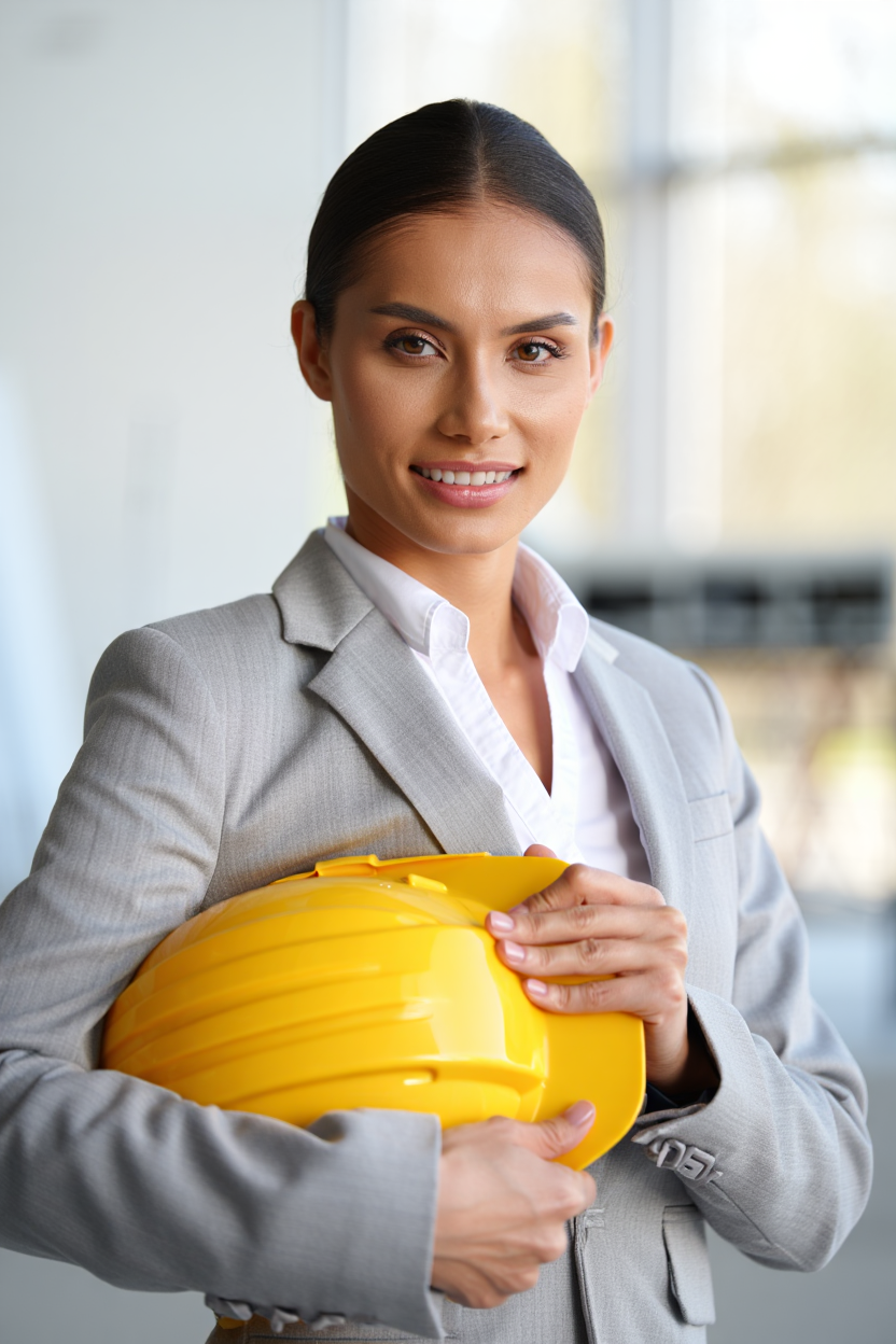 Proje müdürü baret tutan kadın mühendis ofis ortamında portresi